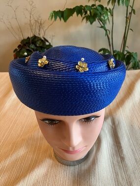 Chic Royal Blue Straw Pillbox Hat with Gold Sequined Floral Accents